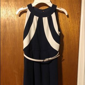 Ally B elegant navy and white belted dress,l